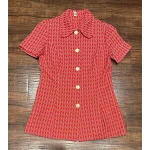 Vintage 60s Red Houndstooth Mod Mini Dress Button Front Retro Jackie O
